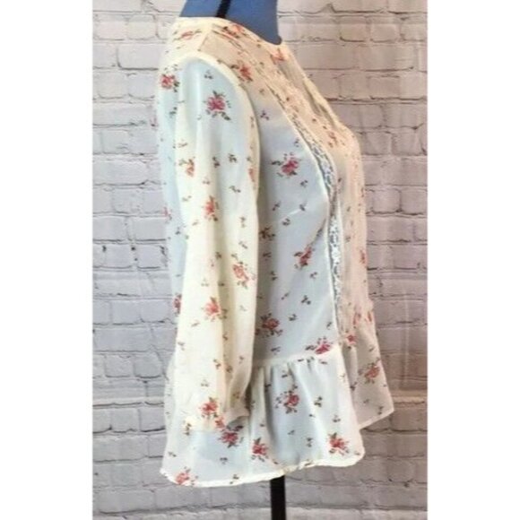 Pins & Needles Floral Blouse Lace Detail & Peplum Hem Peasant Tunic Top Medium - Picture 3 of 5